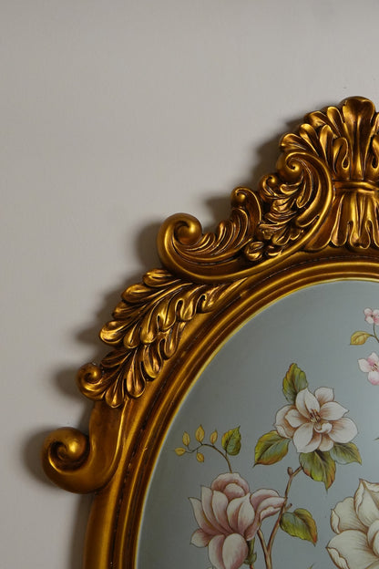 Powder Blue Magnolia Oval Wall Plaque with Gold Baroque Frame