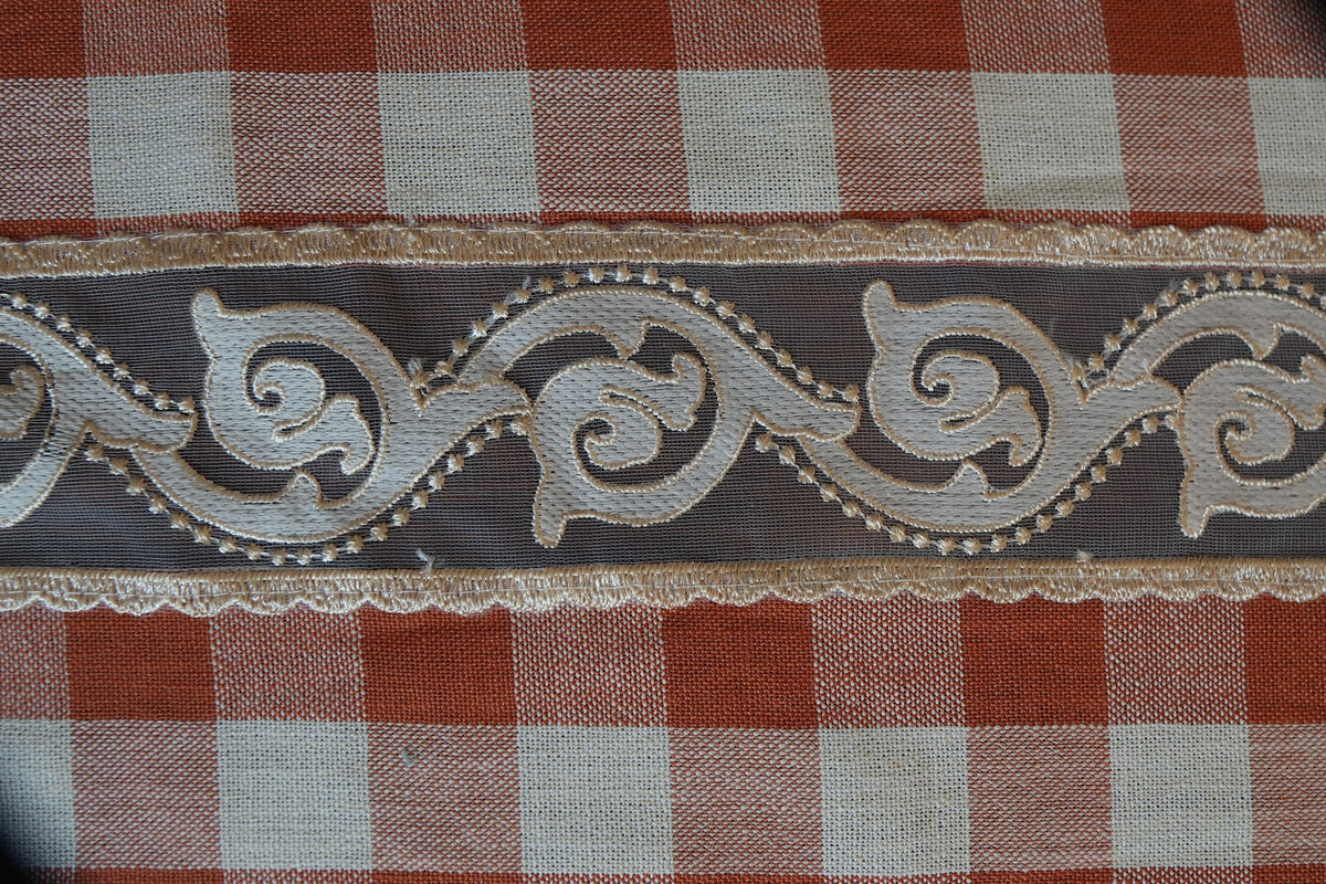 Rust Orange Gingham Check Table Sheet with Scroll Lace Panel (6 Seater)