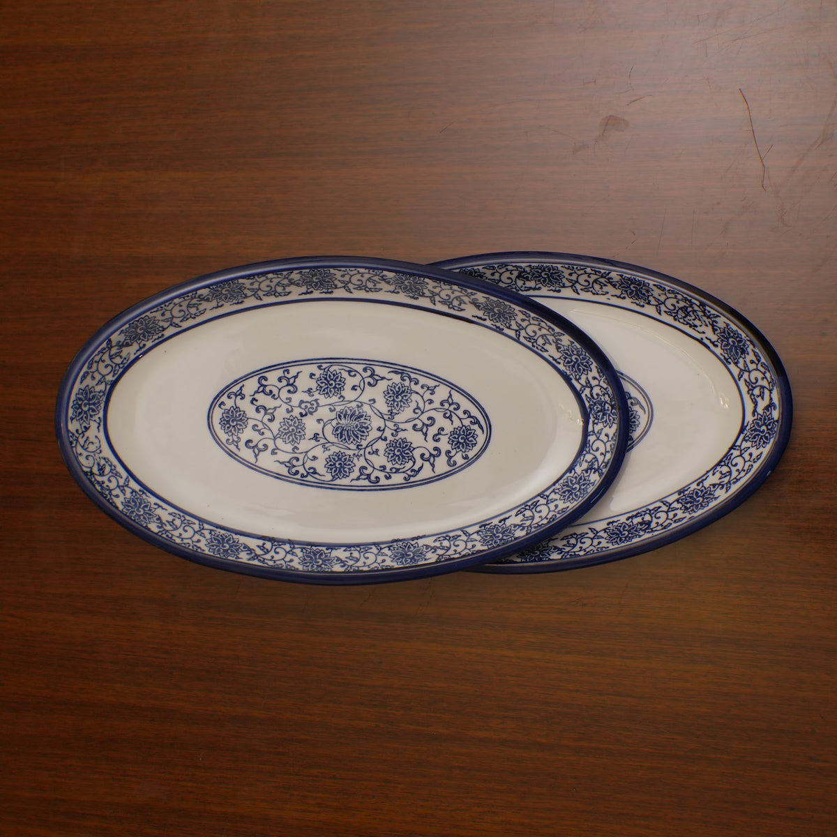 Blue Floral Ceramic Serveware - Oval Serving Platter | Set of 2