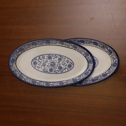 Blue Floral Ceramic Serveware - Oval Serving Platter | Set of 2