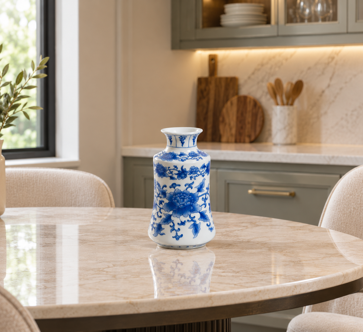 Blue Peony Ceramic Bottle Vase