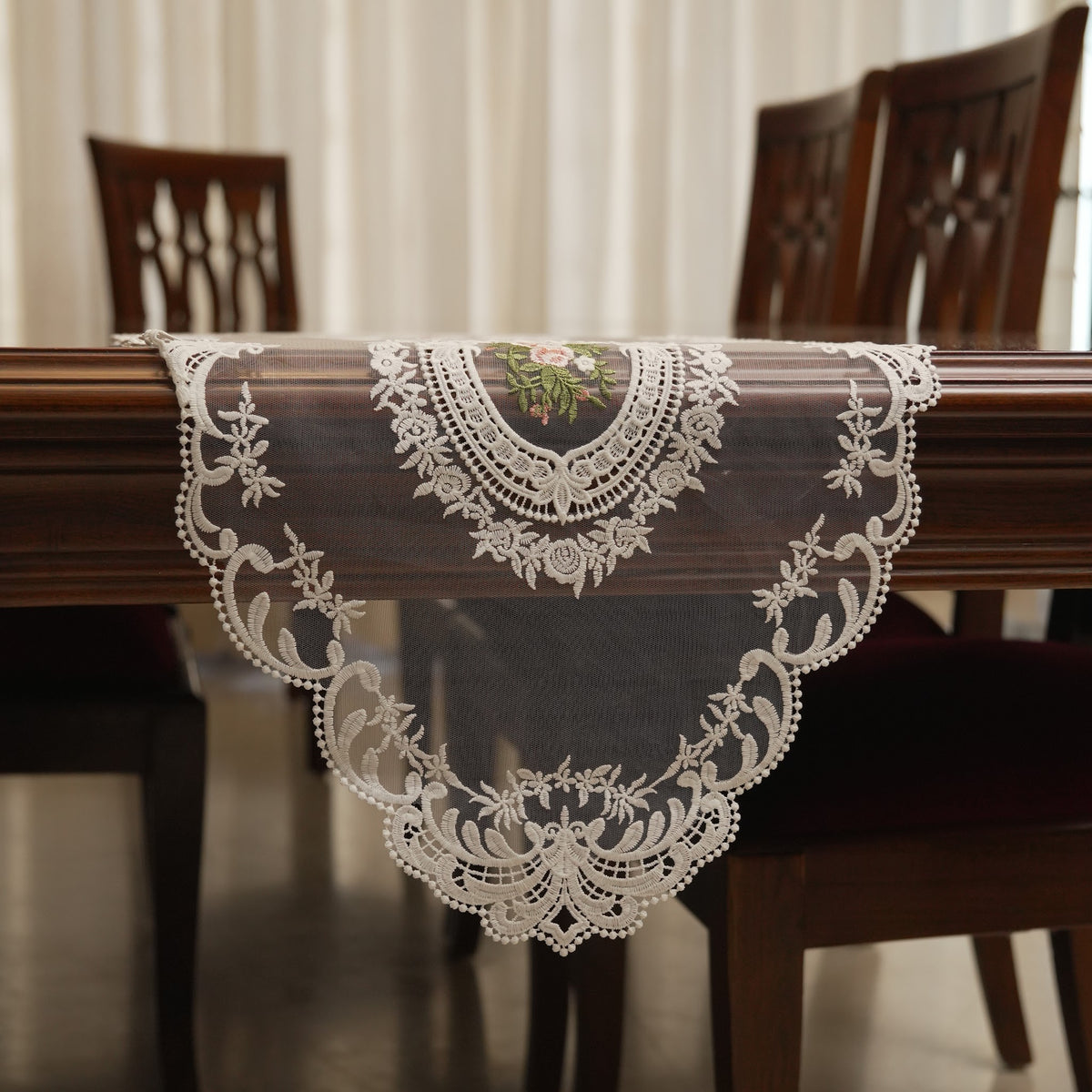 Ivory Rose Medallion Sheer Lace Table Runner (Small)