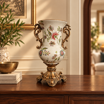Ivory Floral Ceramic Urn Vase with Gold Scroll Handles & Pedestal