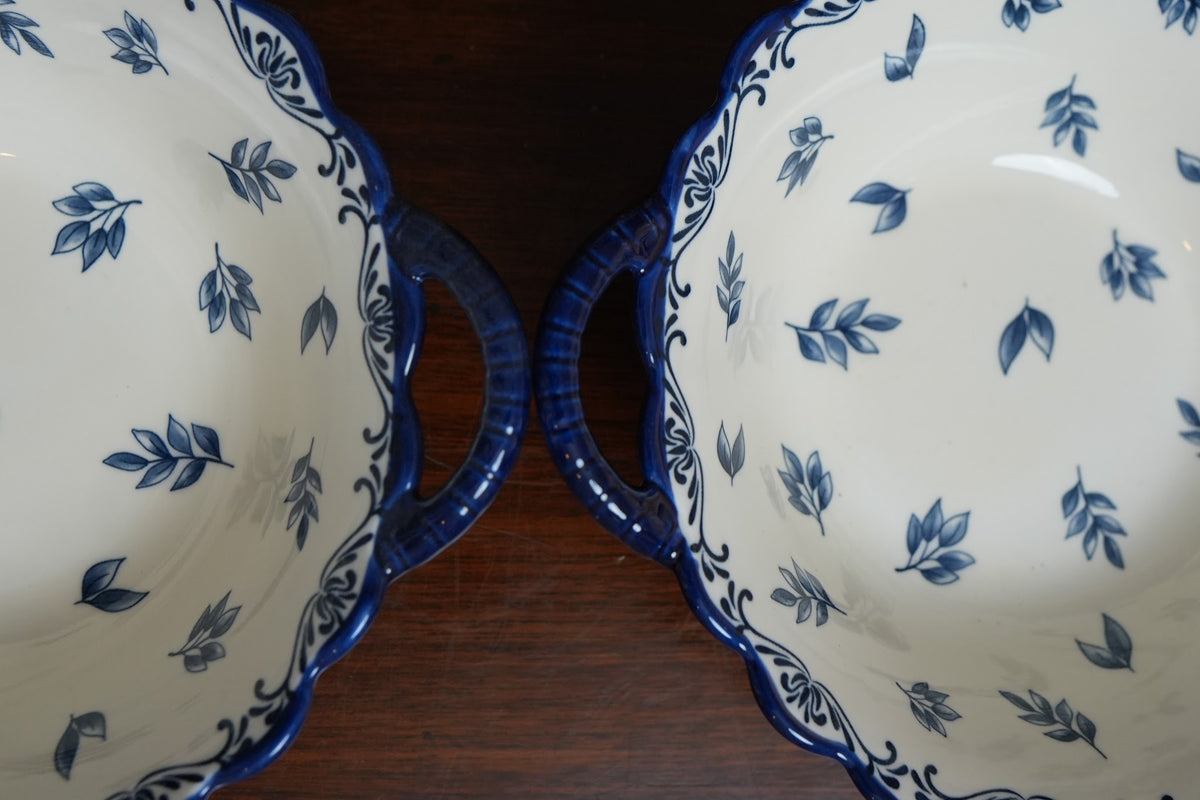 Indigo Leaf Scalloped Ceramic Serving Bowl with Handles Set of 2