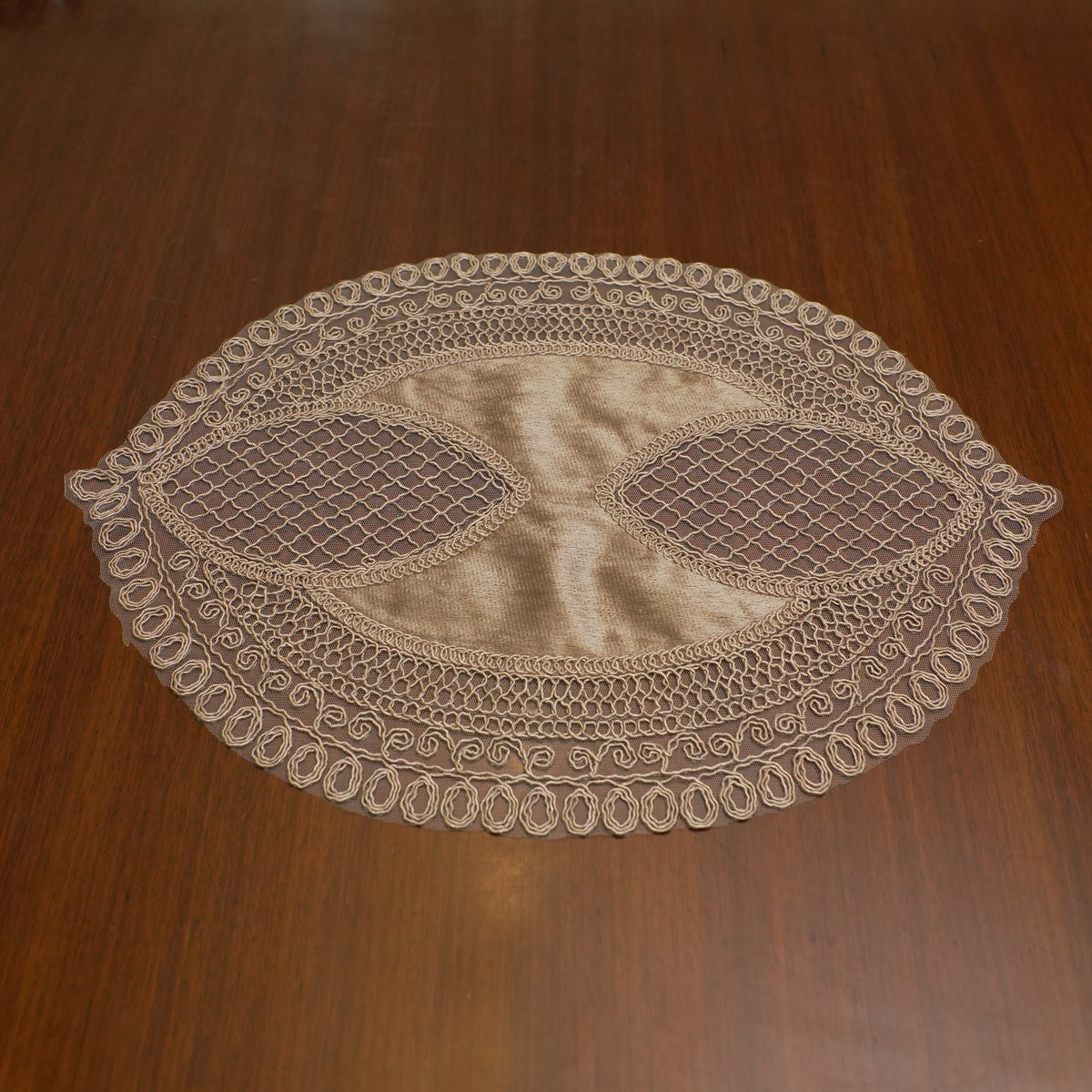 Taupe Satin Petal Lattice Lace Oval Table Mat (Set of 2)