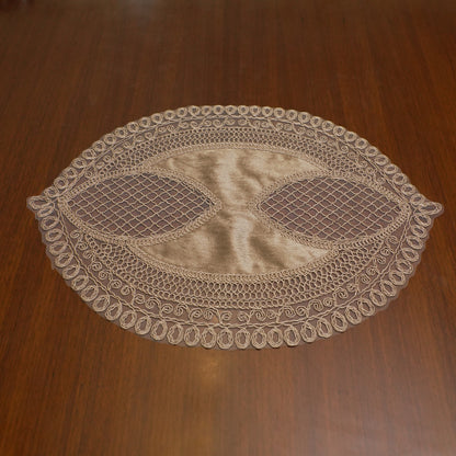 Taupe Satin Petal Lattice Lace Oval Table Mat (Set of 2)