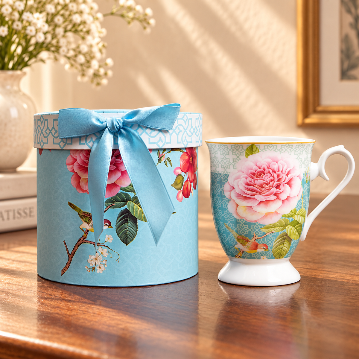 Aqua Rose Ceramic Mug with Round Gift Box
