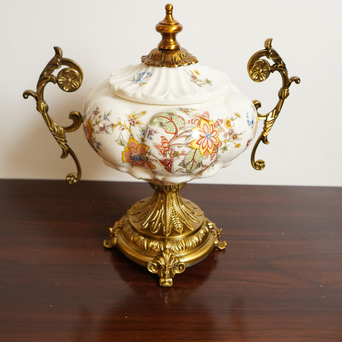 Ivory Jacobean Floral Ceramic Lidded Urn with Gold Scroll Handles & Pedestal