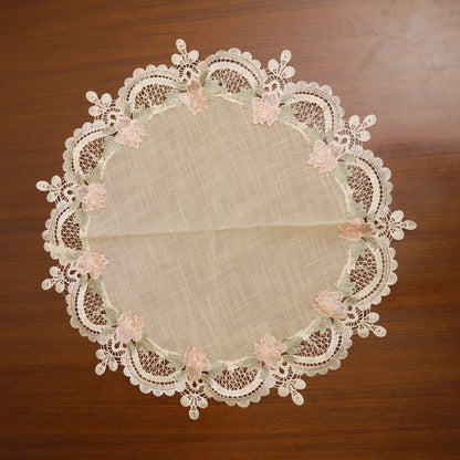 Pink Rose Cutwork Lace Large Round Table Mat (Single)