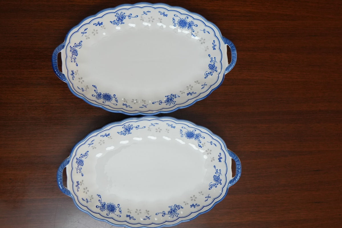 Blue Sprig Ceramic Oval Platter with Handles Set of 2