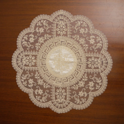 Ivory Satin Centre Greek Key Lace XL Round Table Mat (Single)