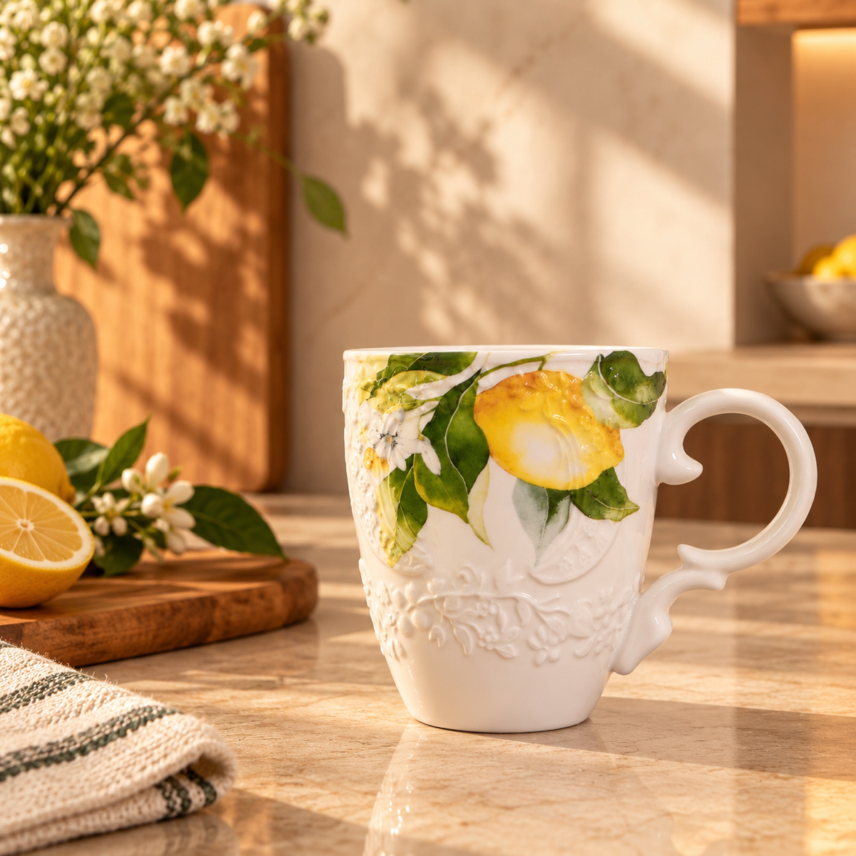 Lemon Blossom Embossed Ceramic Mug (Set of 2)