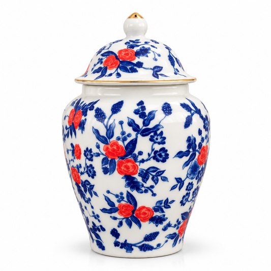 Blue & White Ceramic Ginger Jar with Red Blossoms