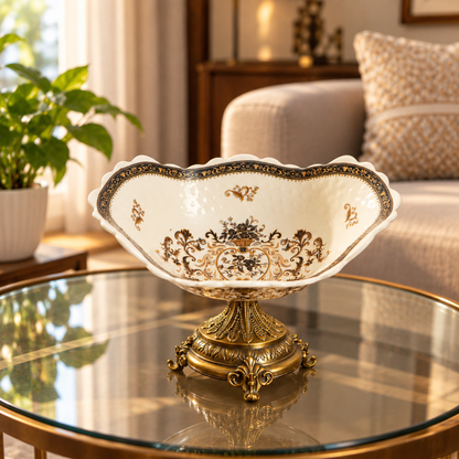 Ivory Baroque Ceramic Centerpiece Bowl with Gold Pedestal