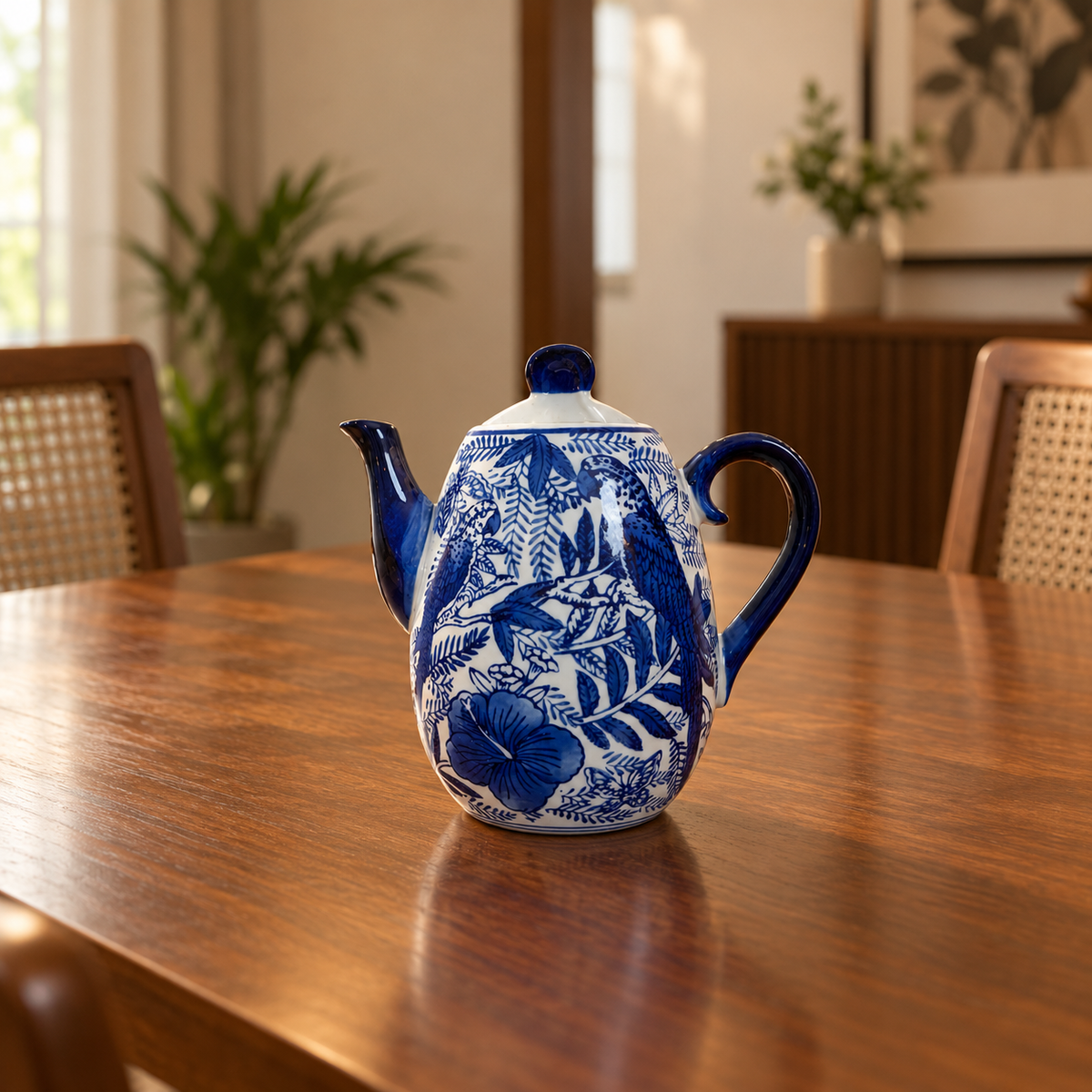 Blue Bird & Leaf Ceramic Wall Teapot