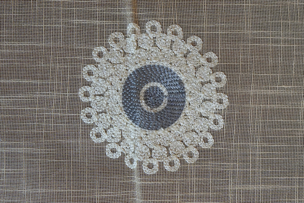 Beige Linen Table Sheet with Blue Medallion Embroidery & Lace Border (6 Seater)