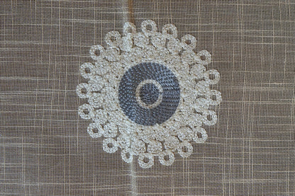 Beige Linen Table Sheet with Blue Medallion Embroidery & Lace Border (6 Seater)