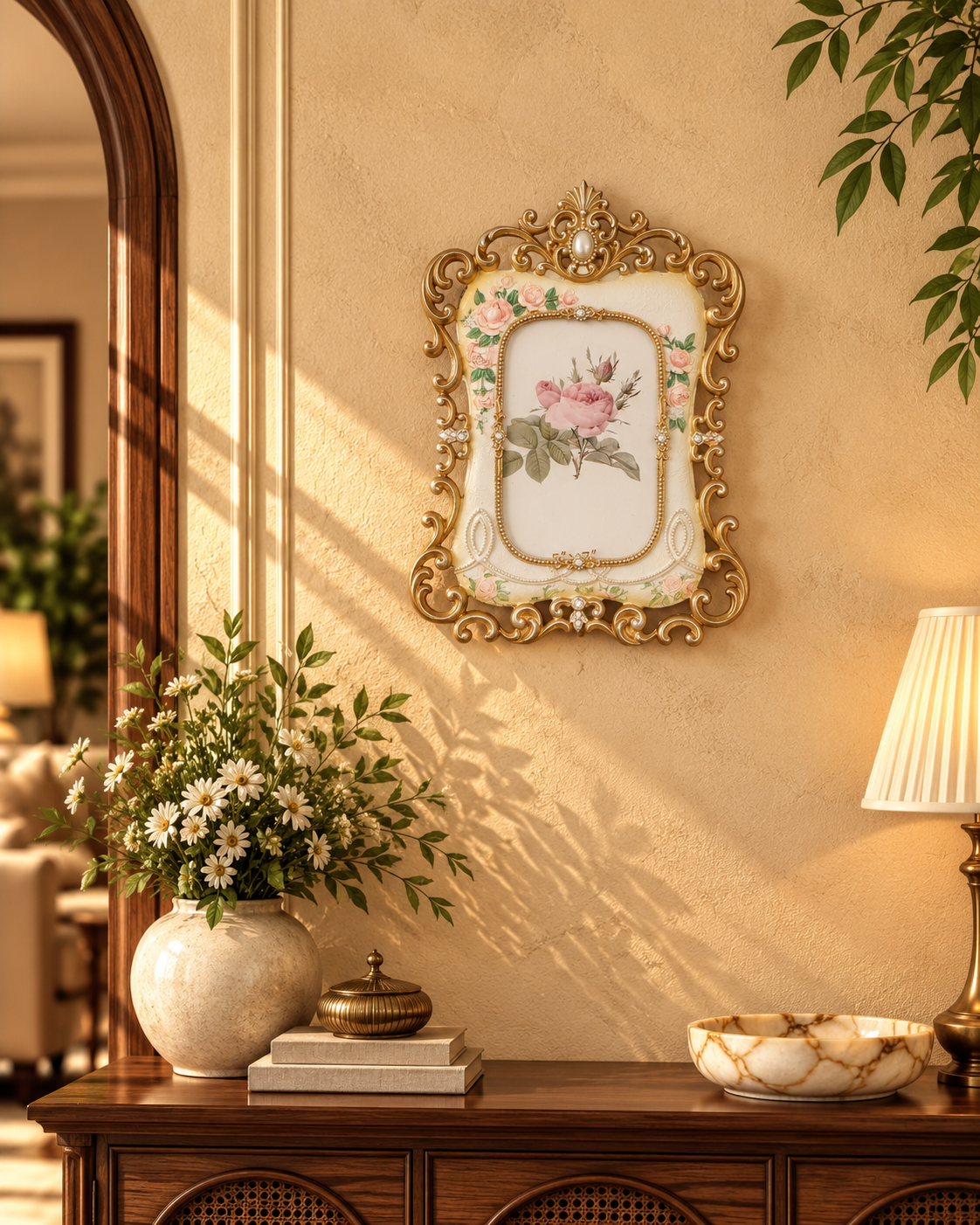 Ivory & Champagne Gold Rose Garland Photo Frame