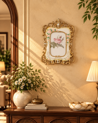 Ivory & Champagne Gold Rose Garland Photo Frame