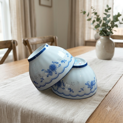 Blue Sprig Scalloped Ceramic Serving Bowl Set of 2