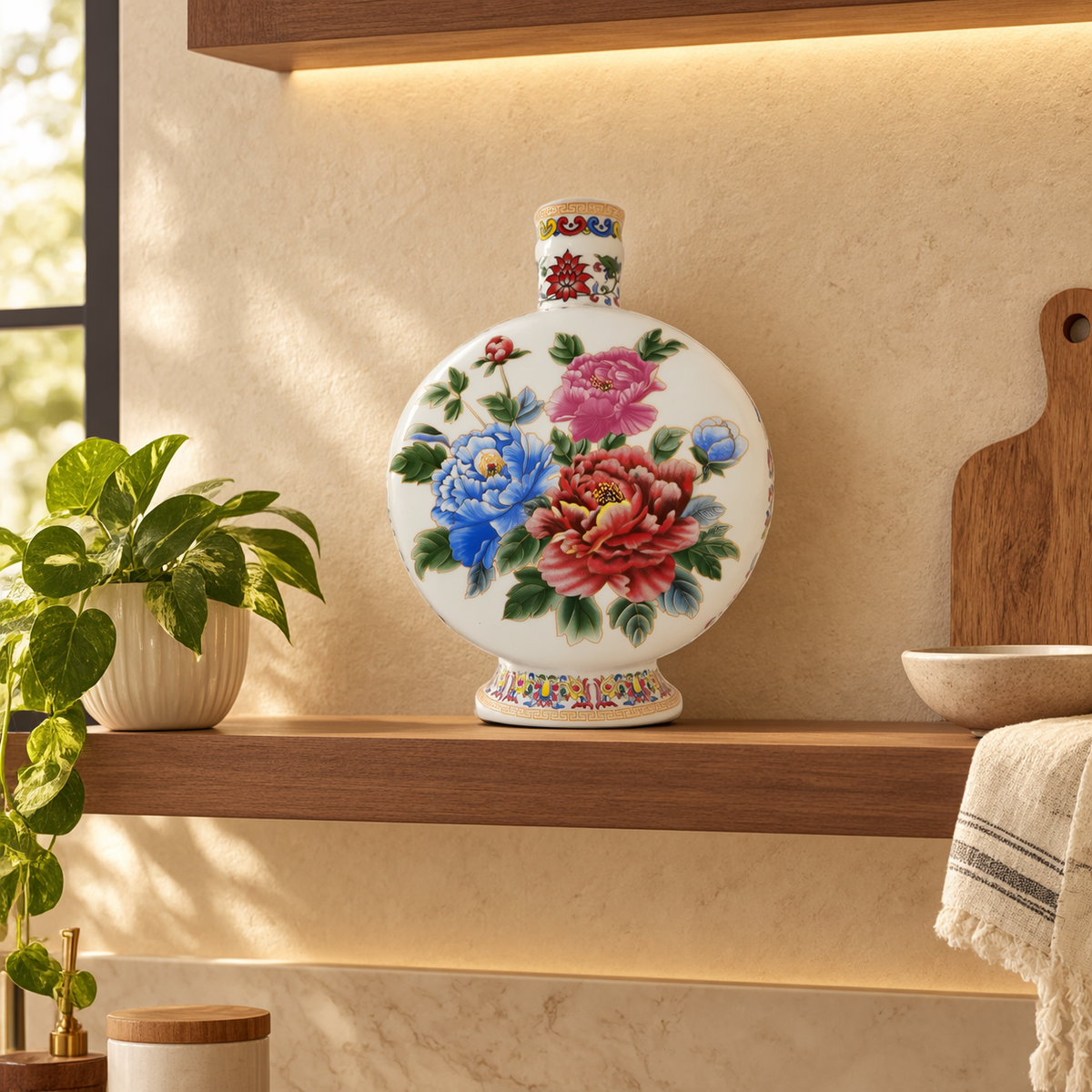 Peony Bouquet Ceramic Moon Flask Vase