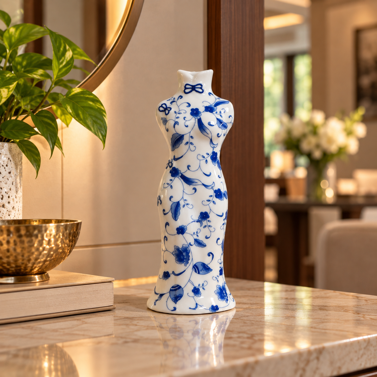 Blue Vine Qipao Lady Ceramic Bud Vase