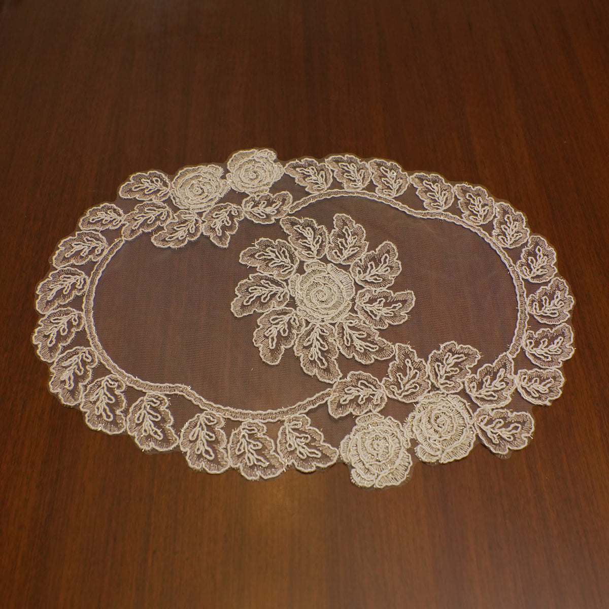 Beige Lace Rose Sheer Oval Table Mat (Set of 2)