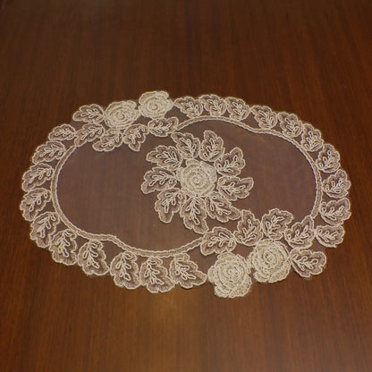 Beige Lace Rose Sheer Oval Table Mat (Set of 2)