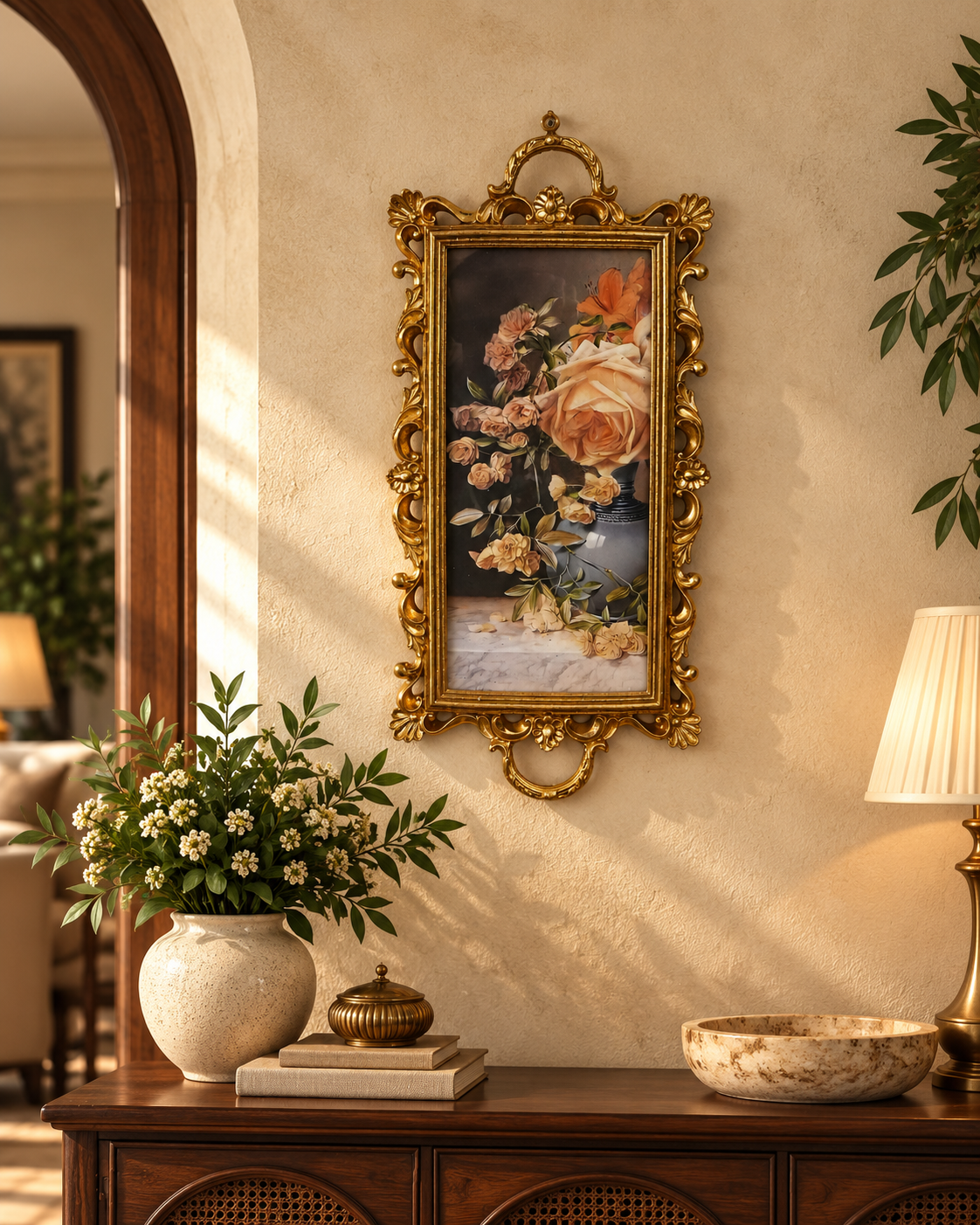 Peach Rose Art in Antique Gold Hanging Frame