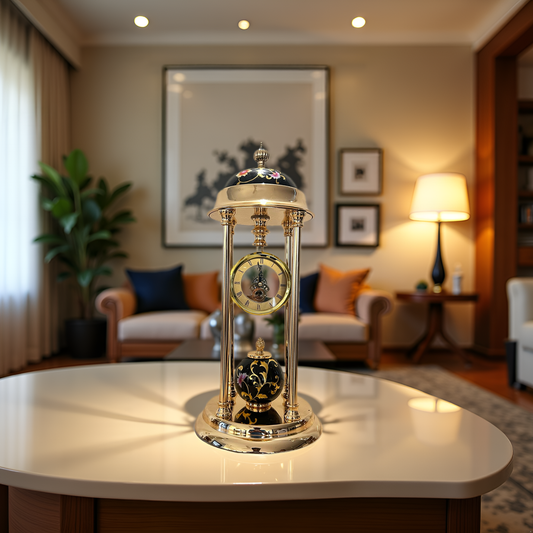 Vintage Table Clock with Golden Frame & Enamel Floral Design
