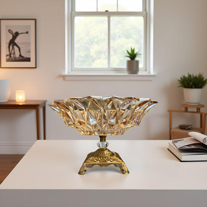 Oriental Crystal Glass Decorative Bowl with Golden Stand
