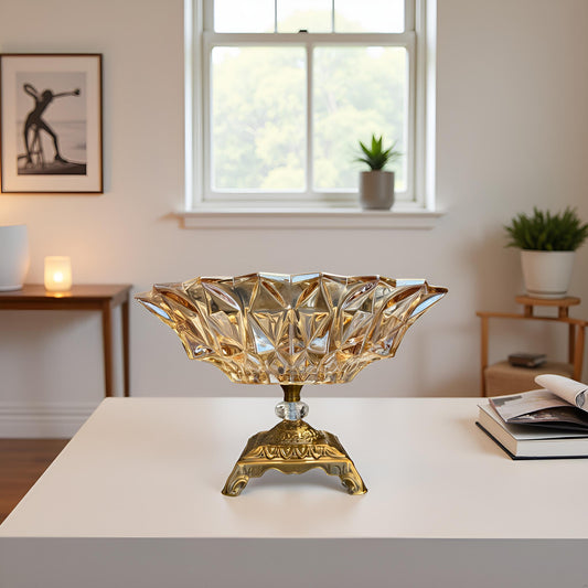 Oriental Crystal Glass Decorative Bowl with Golden Stand
