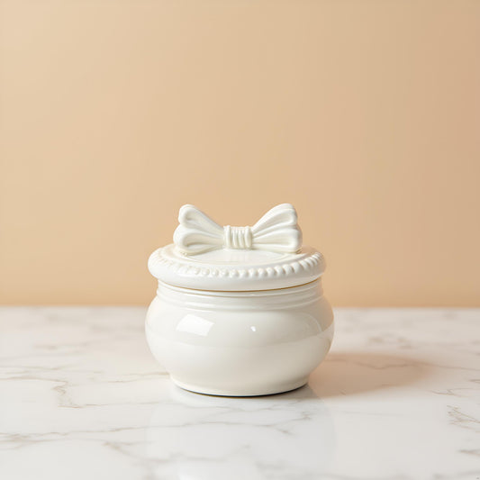 The Ivory Bow Jar – White Ceramic Trinket Jar (Small)