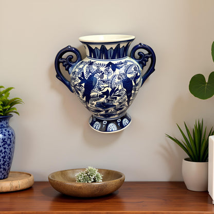 Oriental Blue & White Ceramic Two-Handled Vase with Bird & Floral Design – Handcrafted Decorative Showpiece