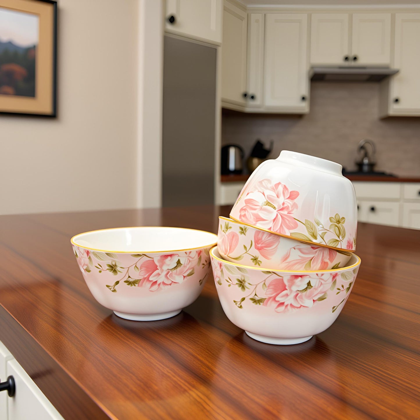 Classic Ceramic Bowls with Pink Floral Motif | Set of 4