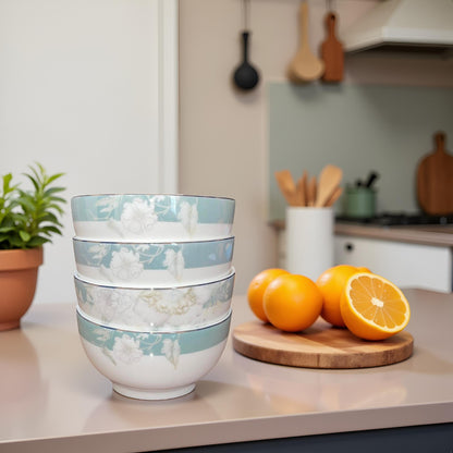 Blue and White Floral Ceramic Bowl Set of 4