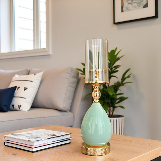 Aqua Glow Ceramic & Glass Candle Stand – Elegant Home Décor Piece
