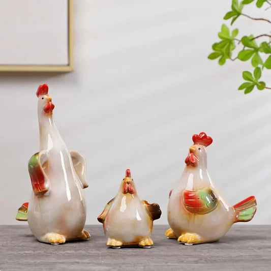 Ceramic Rooster Family Statues 3pcs Easter Chicken Decor