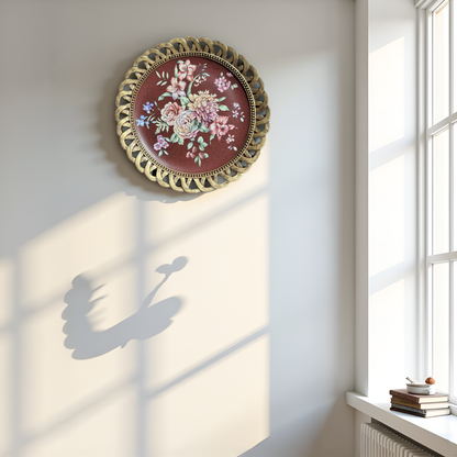 Maroon Floral Decorative Plate with Golden Rim – Elegant Table & Wall Décor