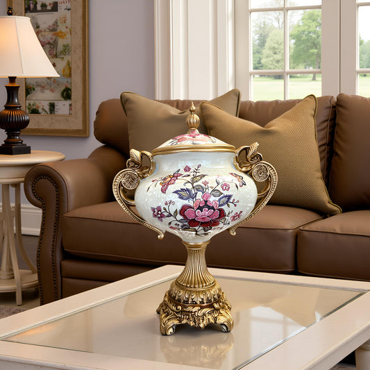 Luxury Ceramic & Gold Decorative Jar with Lid – Ornate Floral Design