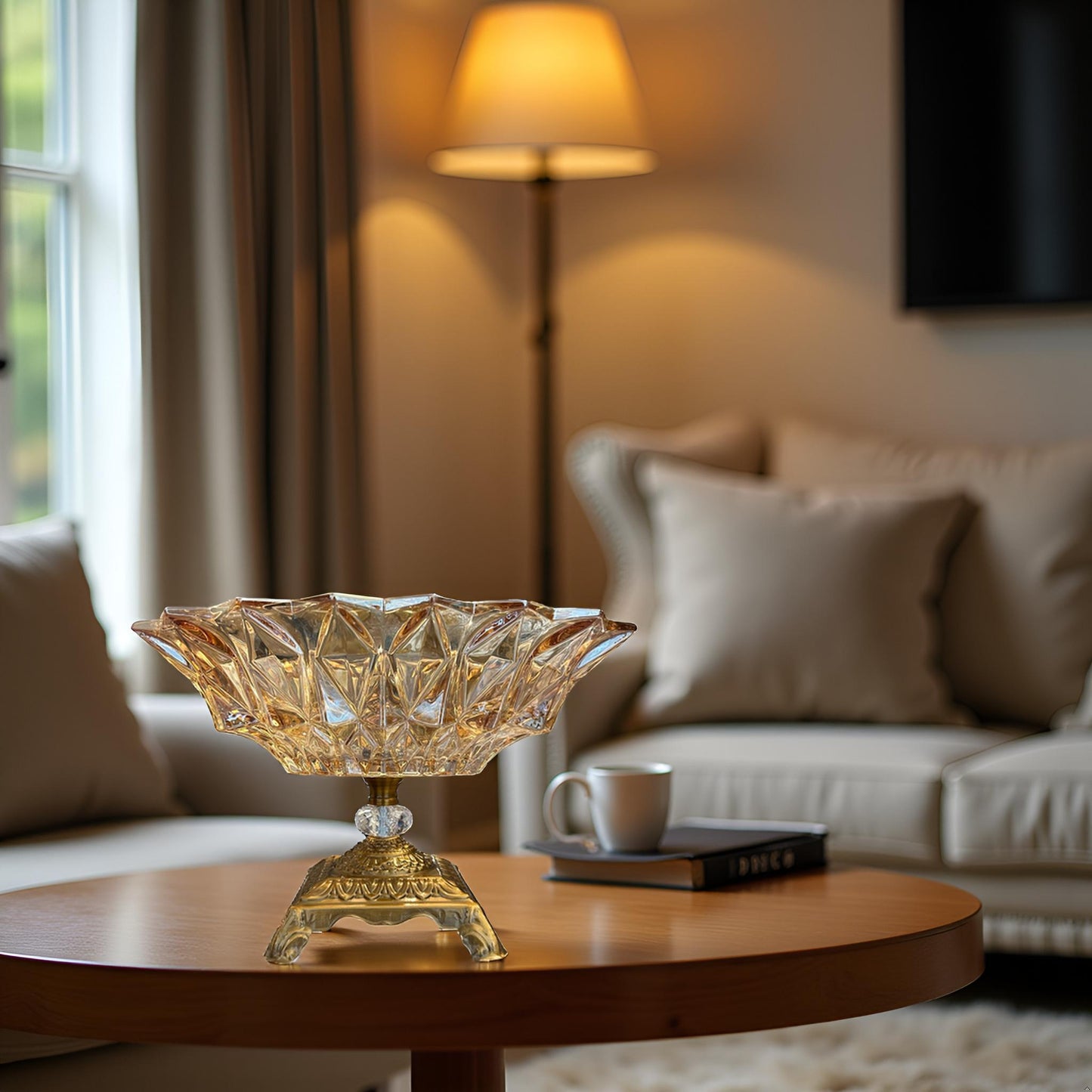 Oriental Crystal Glass Decorative Bowl with Golden Stand
