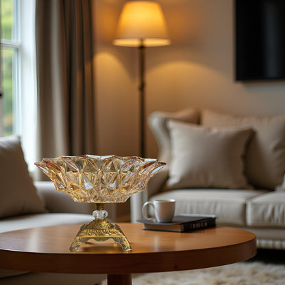 Oriental Crystal Glass Decorative Bowl with Golden Stand
