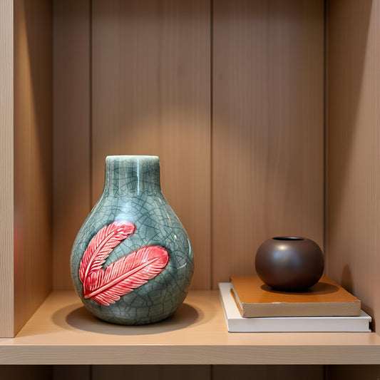 Elegant Ceramic Vase with Red Feather Motif