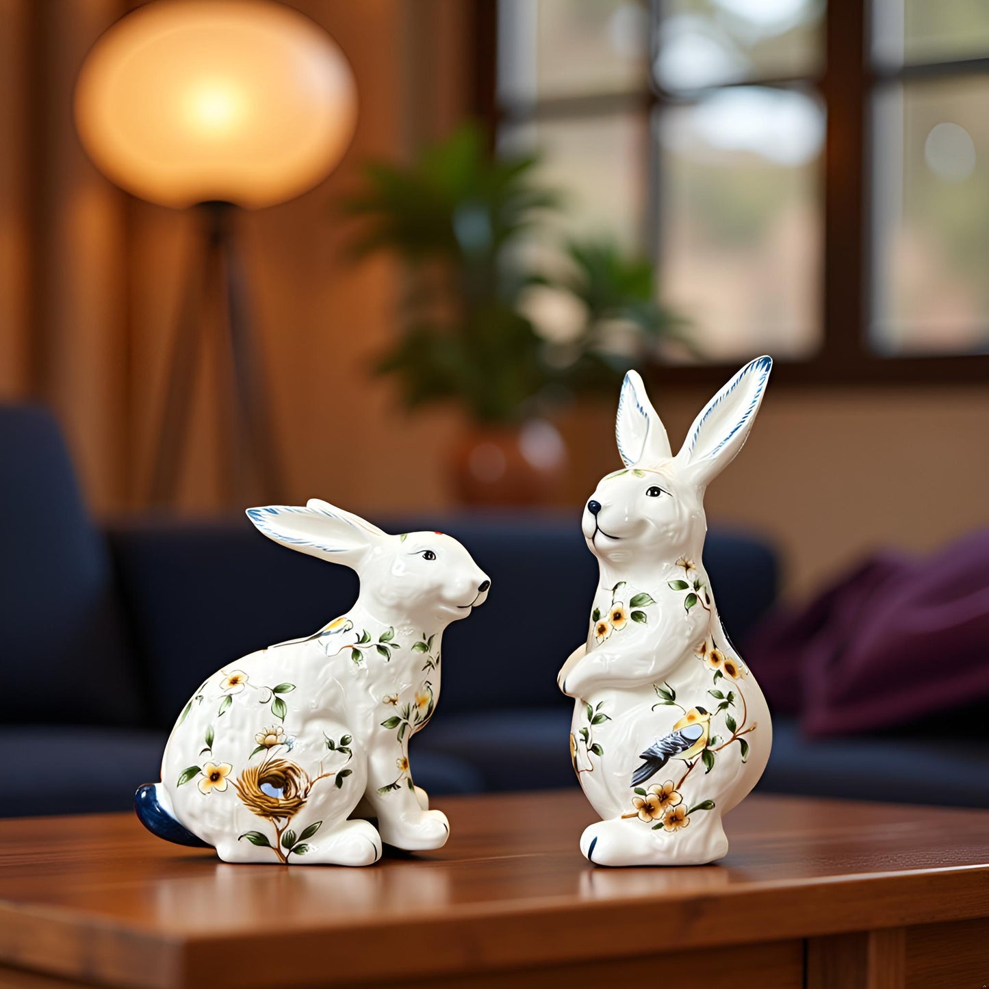White Floral Rabbit Figurine  2 PC Set