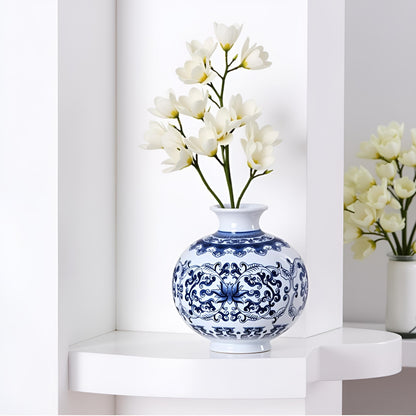 Round Blue and White Small Ceramic Vase with Classic Floral Oriental Design