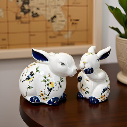 White Floral Rabbit Figurine  2 PC Set