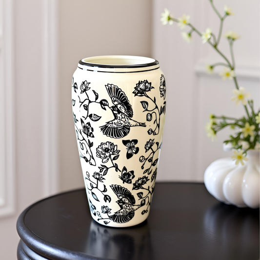 Elegant Black & White Ceramic Vase with Bird and Floral Design (Large)