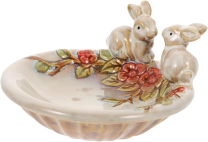 Ceramic Fawn Garden Dish – Handcrafted Decorative Bowl with Rabbit & Floral Design