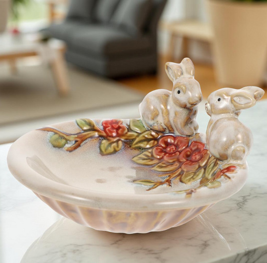 Ceramic Fawn Garden Dish – Handcrafted Decorative Bowl with Rabbit & Floral Design