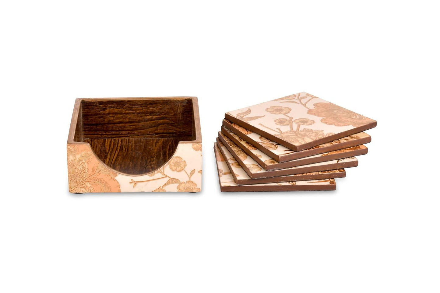 Tea Coasters Set of 6 with Stand || Cream Gold